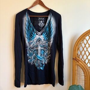 Vintage Y2K Womens Whimsygoth Twee Archaic Winged Double Sided V Neck Shirt